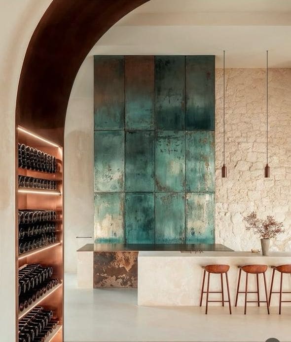 Copper-effect arch and verdigris patinated panels